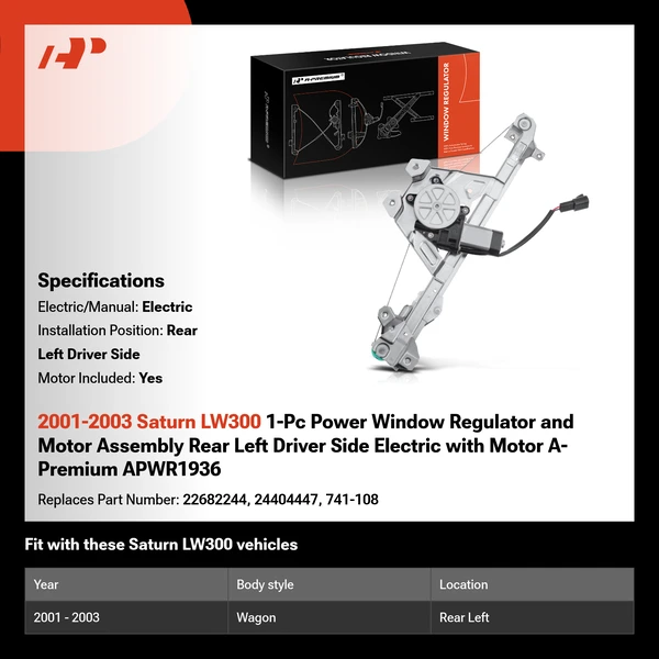 2001-2003 Saturn LW300 1-Pc Power Window Regulator and Motor Assembly Rear Left Driver Side Electric with Motor A-Premium APWR1936