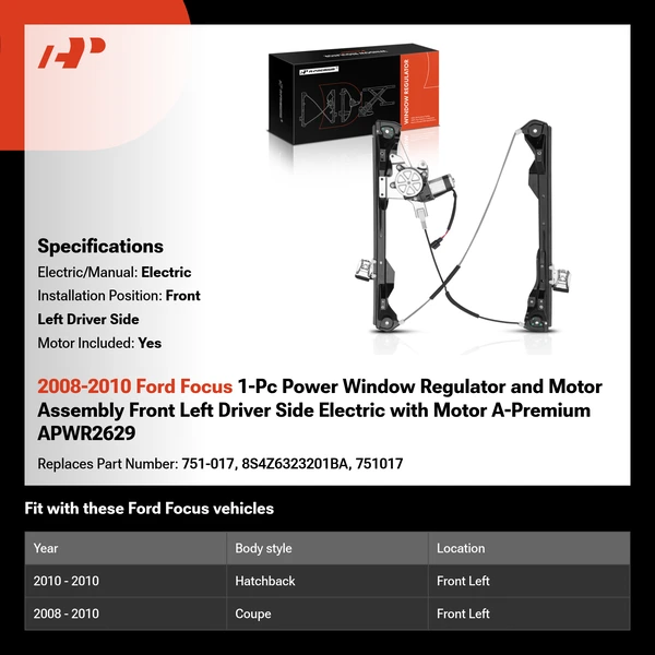 2008-2010 Ford Focus 1-Pc Power Window Regulator and Motor Assembly Front Left Driver Side Electric with Motor A-Premium APWR2629