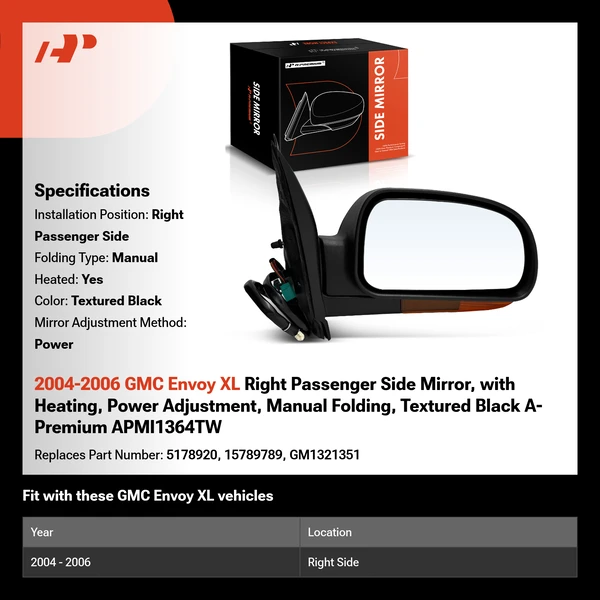 2004-2006 GMC Envoy XL Right Passenger Side Mirror, with Heating, Power Adjustment, Manual Folding, Textured Black A-Premium APMI1364TW