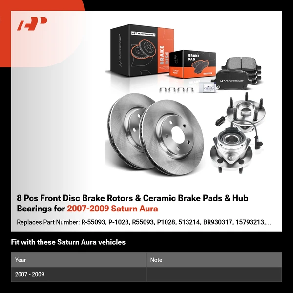 8 Pcs Front Disc Brake Rotors & Ceramic Brake Pads & Hub Bearings for 2007-2009 Saturn Aura