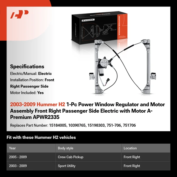 2003-2009 Hummer H2 1-Pc Power Window Regulator and Motor Assembly Front Right Passenger Side Electric with Motor A-Premium APWR2335