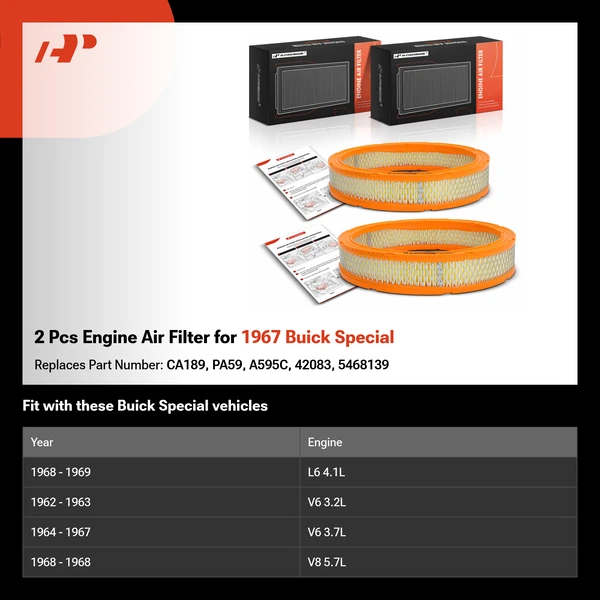 2 Pcs Engine Air Filter for 1967 Buick Special