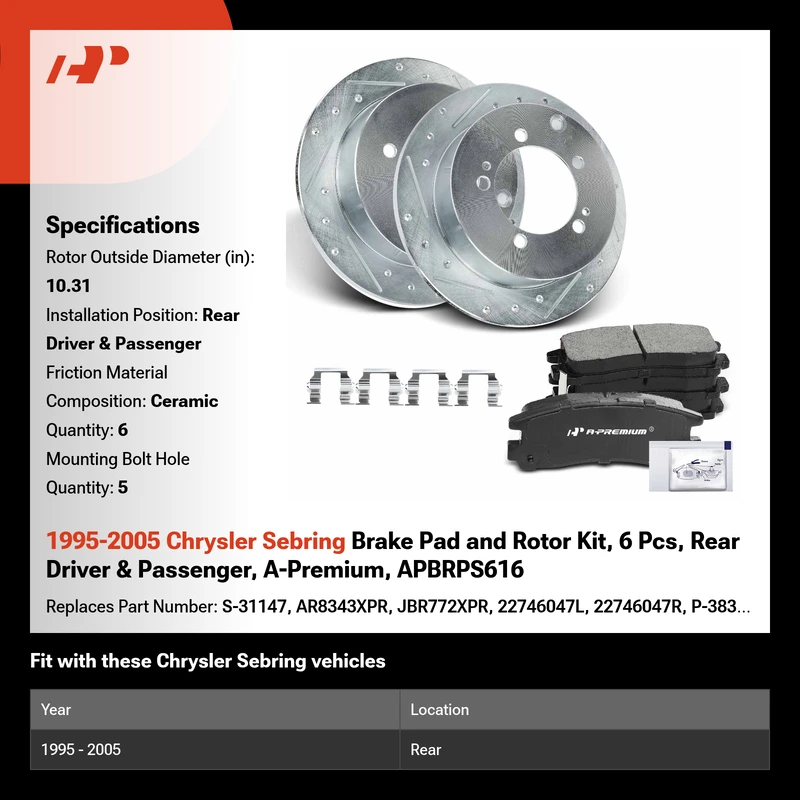 1995-2005 Chrysler Sebring Brake Pad and Rotor Kit, 6 Pcs, Rear Driver & Passenger, A-Premium, APBRPS616