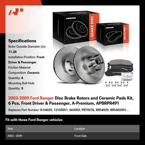 2003-2009 Ford Ranger Disc Brake Rotors and Ceramic Pads Kit, 6 Pcs, Front Driver & Passenger, A-Premium, APBRPR491