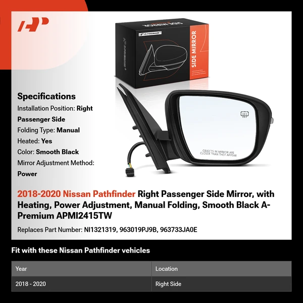 2018-2020 Nissan Pathfinder Right Passenger Side Mirror, with Heating, Power Adjustment, Manual Folding, Smooth Black A-Premium APMI2415TW