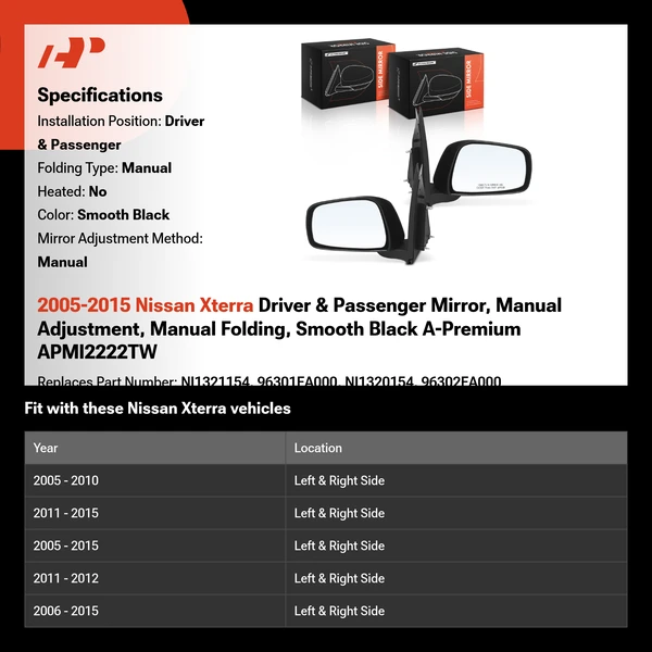 2005-2015 Nissan Xterra Driver & Passenger Mirror, Manual Adjustment, Manual Folding, Smooth Black A-Premium APMI2222TW