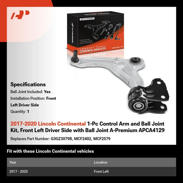 2017-2020 Lincoln Continental 1-Pc Control Arm and Ball Joint Kit, Front Left Driver Side with Ball Joint A-Premium APCA4129