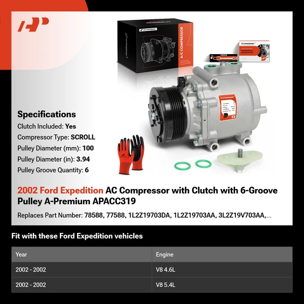 2002 Ford Expedition AC Compressor with Clutch with 6-Groove Pulley A-Premium APACC319