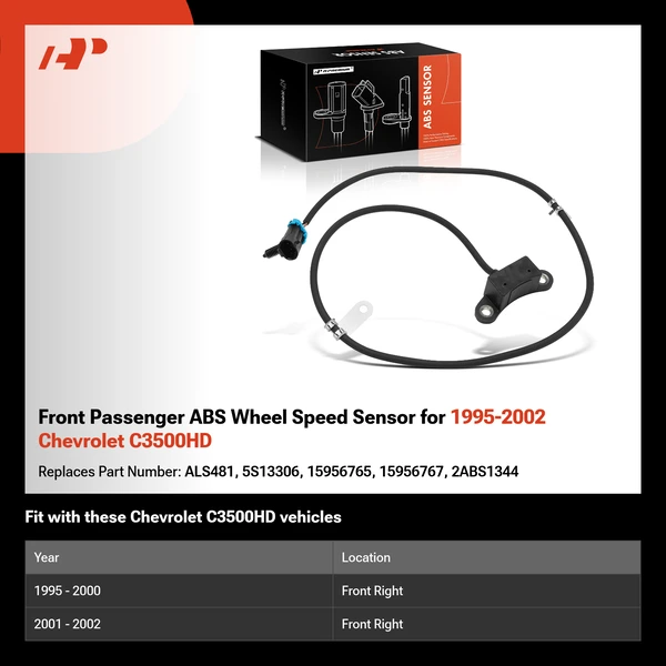 Front Passenger ABS Wheel Speed Sensor for 1995-2002 Chevrolet C3500HD