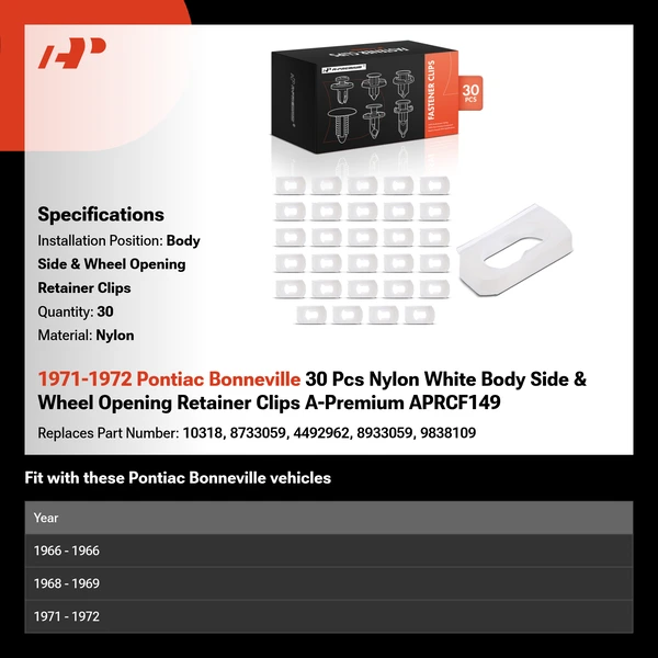 1971-1972 Pontiac Bonneville 30 Pcs Nylon White Body Side & Wheel Opening Retainer Clips A-Premium APRCF149