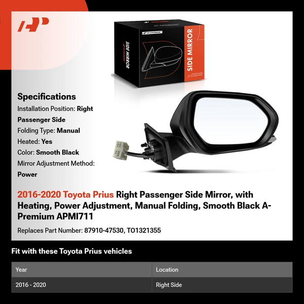 2016-2020 Toyota Prius Right Passenger Side Mirror, with Heating, Power Adjustment, Manual Folding, Smooth Black A-Premium APMI711