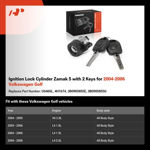 Ignition Lock Cylinder Zamak 5 with 2 Keys for 2004-2006 Volkswagen Golf