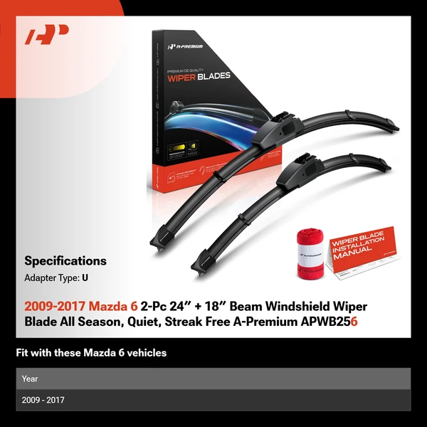 2009-2017 Mazda 6 2-Pc 24″ + 18″ Beam Windshield Wiper Blade All Season, Quiet, Streak Free A-Premium APWB256