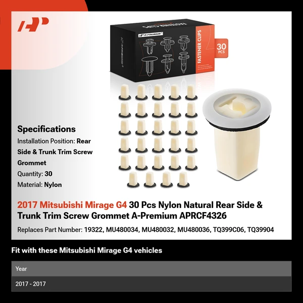 2017 Mitsubishi Mirage G4 30 Pcs Nylon Natural Rear Side & Trunk Trim Screw Grommet A-Premium APRCF4326