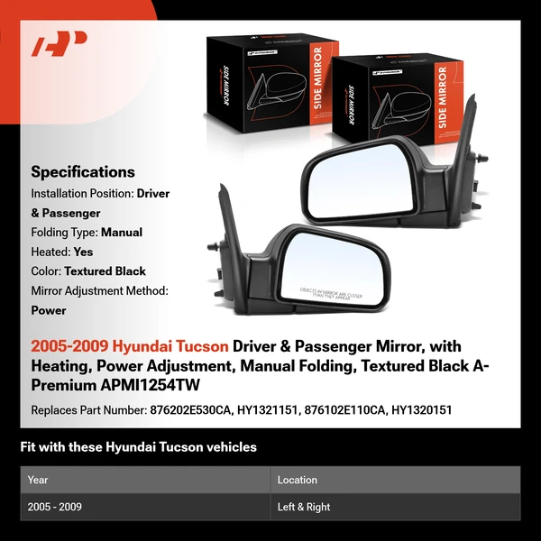 2005-2009 Hyundai Tucson Driver & Passenger Mirror, with Heating, Power Adjustment, Manual Folding, Textured Black A-Premium APMI1254TW