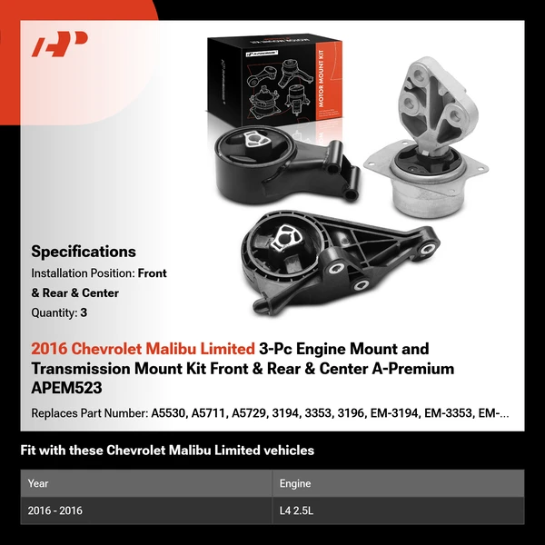 2016 Chevrolet Malibu Limited 3-Pc Engine Mount and Transmission Mount Kit Front & Rear & Center A-Premium APEM523