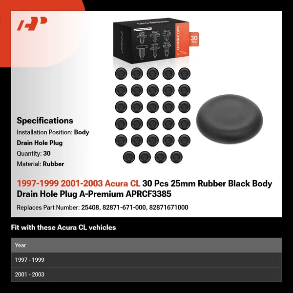 1997-1999 2001-2003 Acura CL 30 Pcs 25mm Rubber Black Body Drain Hole Plug A-Premium APRCF3385