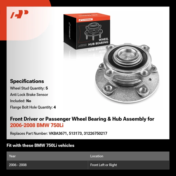 Front Driver or Passenger Wheel Bearing & Hub Assembly for 2006-2008 BMW 750Li