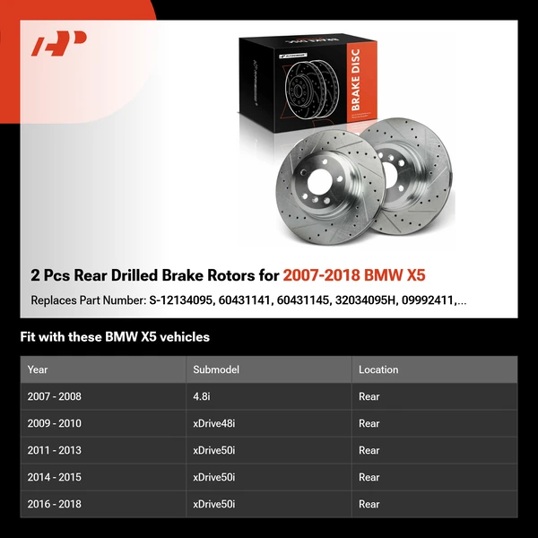 2 Pcs Rear Drilled Brake Rotors for 2007-2018 BMW X5