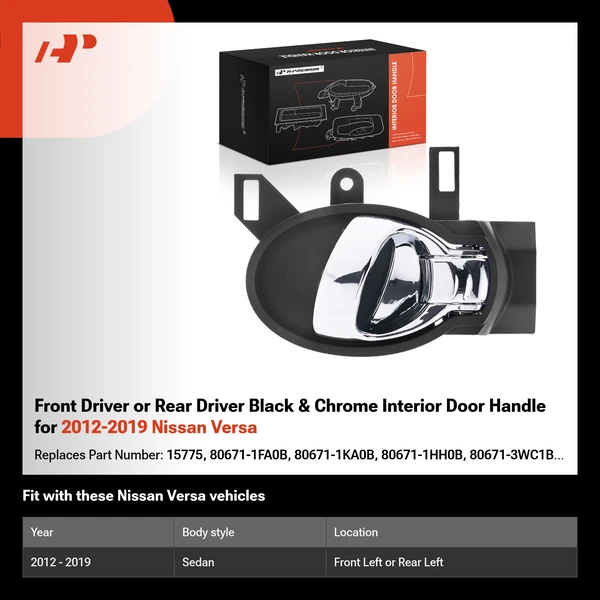 Front Driver or Rear Driver Black & Chrome Interior Door Handle for 2012-2019 Nissan Versa