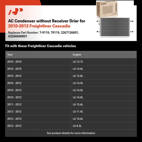 AC Condenser without Receiver Drier for 2010-2012 Freightliner Cascadia