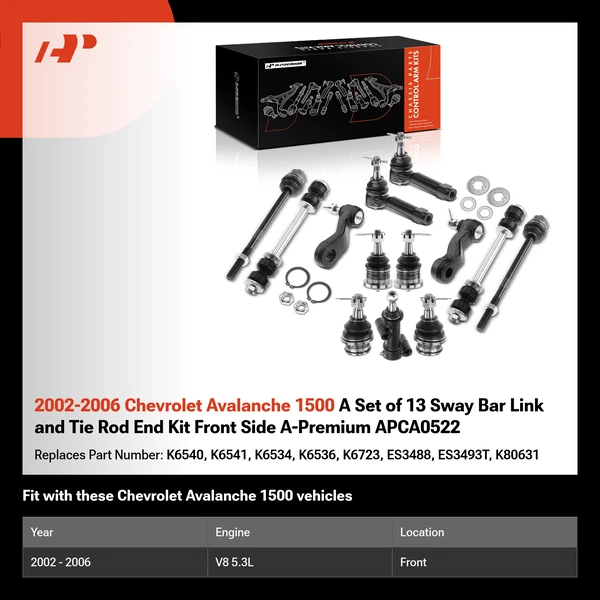 2002-2006 Chevrolet Avalanche 1500 A Set of 13 Sway Bar Link and Tie Rod End Kit Front Side A-Premium APCA0522
