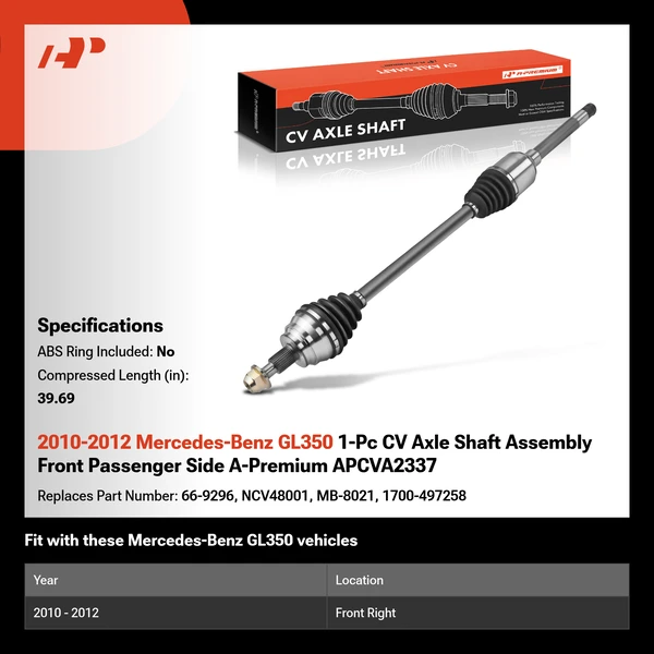 2010-2012 Mercedes-Benz GL350 1-Pc CV Axle Shaft Assembly Front Passenger Side A-Premium APCVA2337