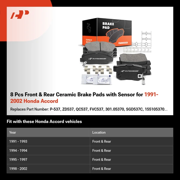 8 Pcs Front & Rear Ceramic Brake Pads with Sensor for 1991-2002 Honda Accord