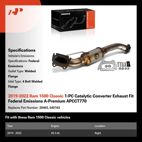 2019-2022 Ram 1500 Classic 1-PC Catalytic Converter Exhaust Fit Federal Emissions A-Premium APCCT770