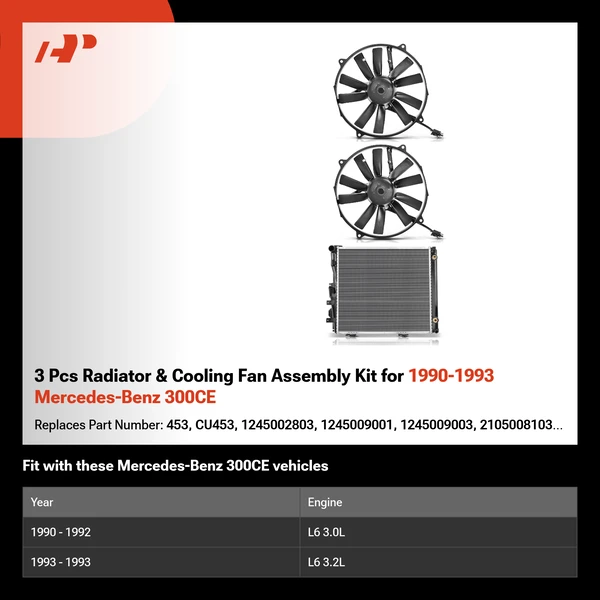 3 Pcs Radiator & Cooling Fan Assembly Kit for 1990-1993 Mercedes-Benz 300CE