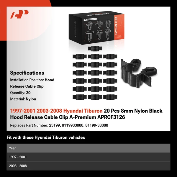 1997-2001 2003-2008 Hyundai Tiburon 20 Pcs 8mm Nylon Black Hood Release Cable Clip A-Premium APRCF3126
