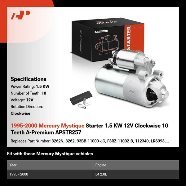 1995-2000 Mercury Mystique Starter 1.5 KW 12V Clockwise 10 Teeth A-Premium APSTR257
