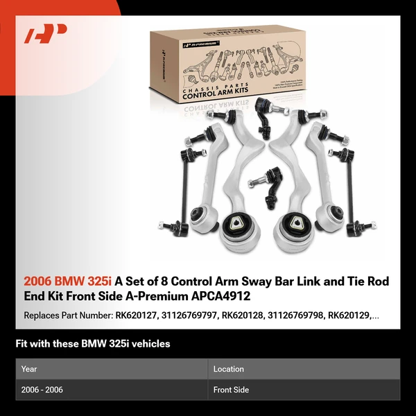 2006 BMW 325i A Set of 8 Control Arm Sway Bar Link and Tie Rod End Kit Front Side A-Premium APCA4912