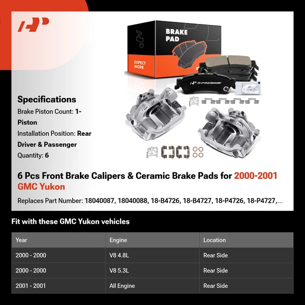 6 Pcs Front Brake Calipers & Ceramic Brake Pads for 2000-2001 GMC Yukon