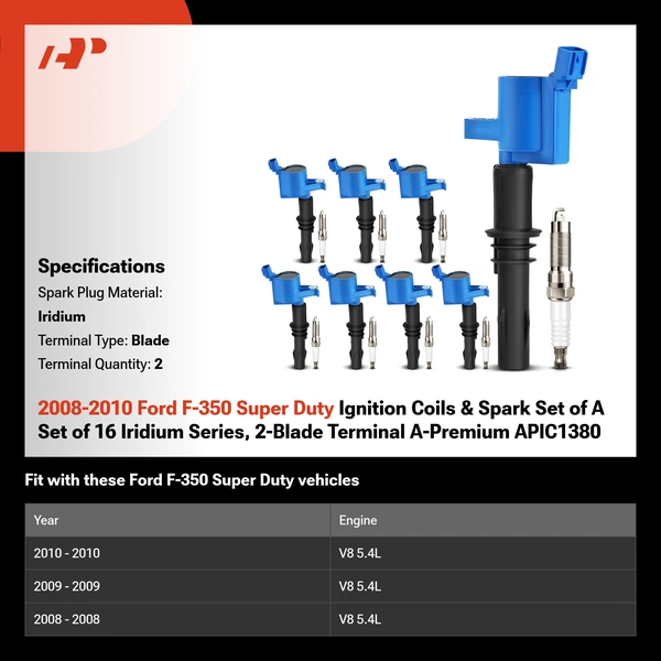 2008-2010 Ford F-350 Super Duty Ignition Coils & Spark Set of A Set of 16 Iridium Series, 2-Blade Terminal A-Premium APIC1380