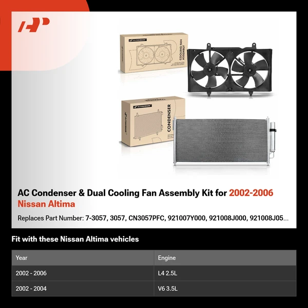 AC Condenser & Dual Cooling Fan Assembly Kit for 2002-2006 Nissan Altima