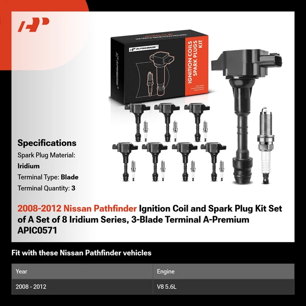2008-2012 Nissan Pathfinder Ignition Coil and Spark Plug Kit Set of A Set of 8 Iridium Series, 3-Blade Terminal A-Premium APIC0571