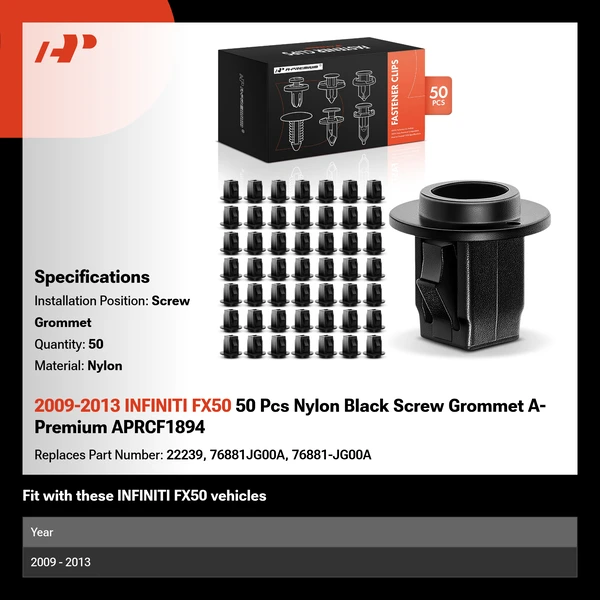 2009-2013 INFINITI FX50 50 Pcs Nylon Black Screw Grommet A-Premium APRCF1894