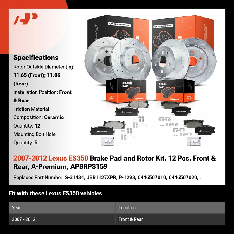 2007-2012 Lexus ES350 Brake Pad and Rotor Kit, 12 Pcs, Front & Rear, A-Premium, APBRPS159