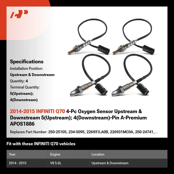 2014-2015 INFINITI Q70 4-Pc Oxygen Sensor Upstream & Downstream 5(Upstream); 4(Downstream)-Pin A-Premium APOS1886