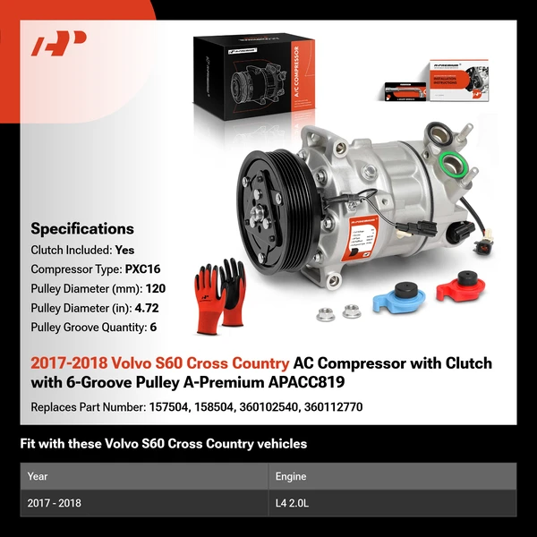 2017-2018 Volvo S60 Cross Country AC Compressor with Clutch with 6-Groove Pulley A-Premium APACC819