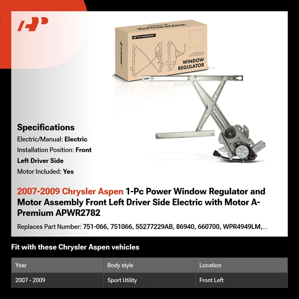 2007-2009 Chrysler Aspen 1-Pc Power Window Regulator and Motor Assembly Front Left Driver Side Electric with Motor A-Premium APWR2782
