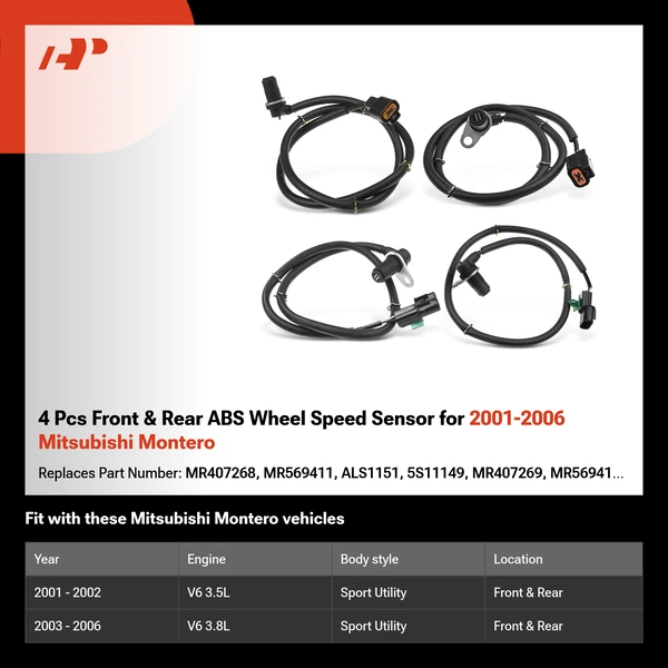 4 Pcs Front & Rear ABS Wheel Speed Sensor for 2001-2006 Mitsubishi Montero