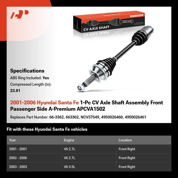 2001-2006 Hyundai Santa Fe 1-Pc CV Axle Shaft Assembly Front Passenger Side A-Premium APCVA1502
