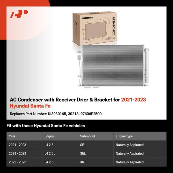 AC Condenser with Receiver Drier & Bracket for 2021-2023 Hyundai Santa Fe