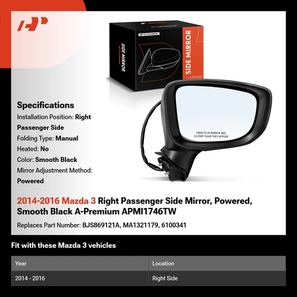 2014-2016 Mazda 3 Right Passenger Side Mirror, Powered, Smooth Black A-Premium APMI1746TW