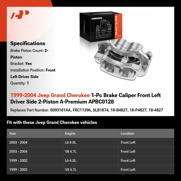 1999-2004 Jeep Grand Cherokee 1-Pc Brake Caliper Front Left Driver Side 2-Piston A-Premium APBC0128
