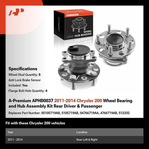 A-Premium APHB0037 2011-2014 Chrysler 200 Wheel Bearing and Hub Assembly Kit Rear Driver & Passenger