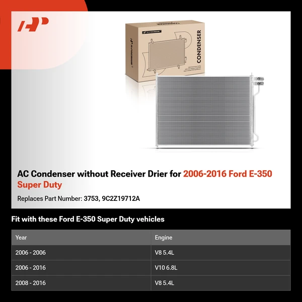 AC Condenser without Receiver Drier for 2006-2016 Ford E-350 Super Duty