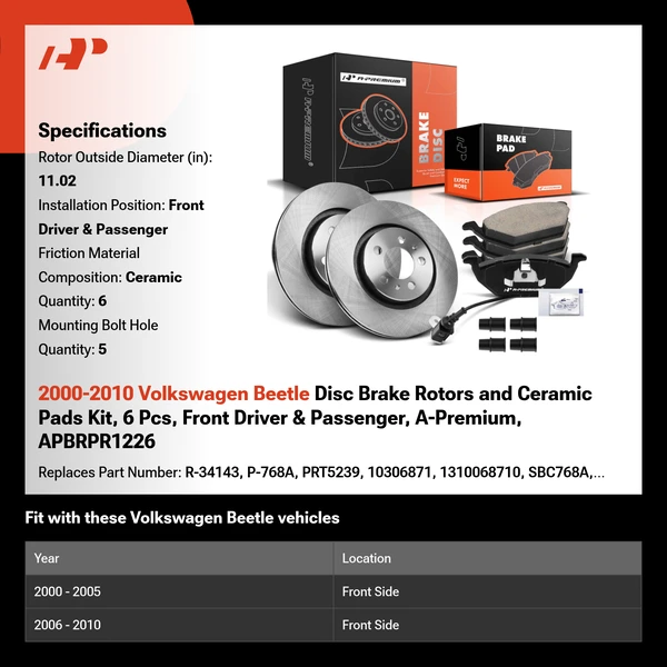 2000-2010 Volkswagen Beetle Disc Brake Rotors and Ceramic Pads Kit, 6 Pcs, Front Driver & Passenger, A-Premium, APBRPR1226